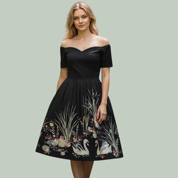 belle poque Dresses & Skirts - Belle Poque Black Swan Floral Print Off Shoulder Retro Swing Dress Womens M Hoco